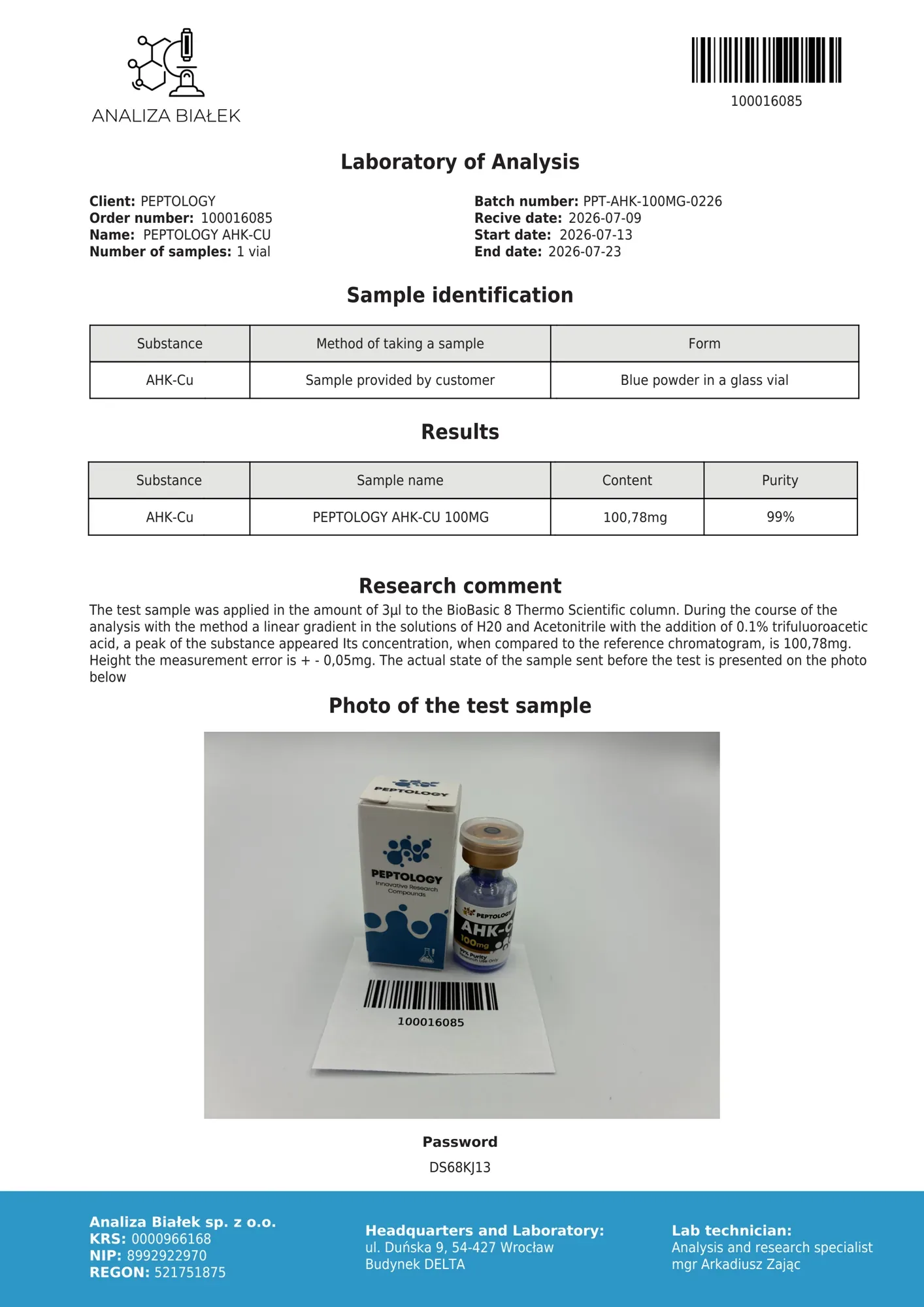 AHK‑Cu 100 mg – HPLC purity certificate, batch 0226