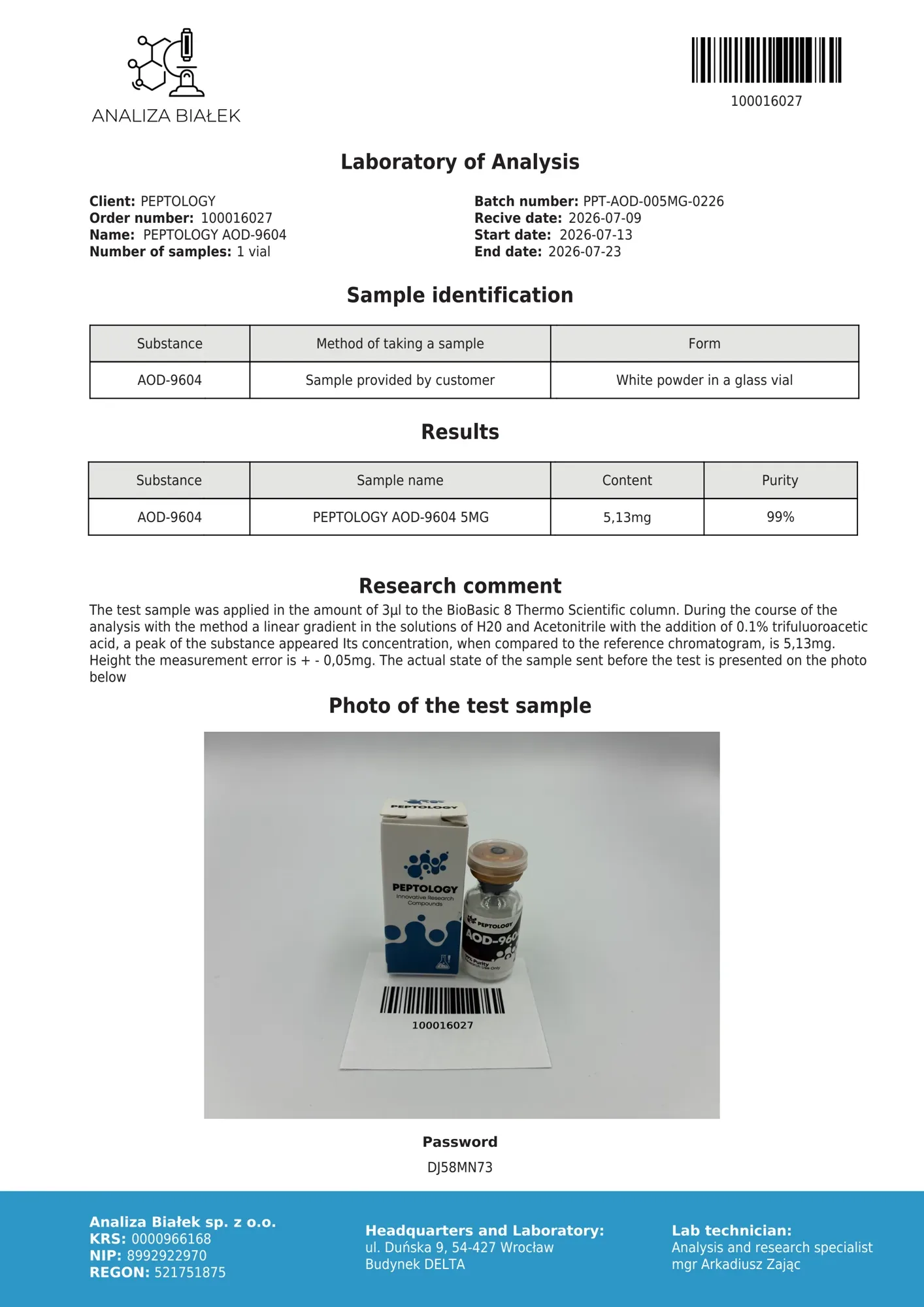 AOD-9604 5 mg – HPLC purity certificate, batch 0226