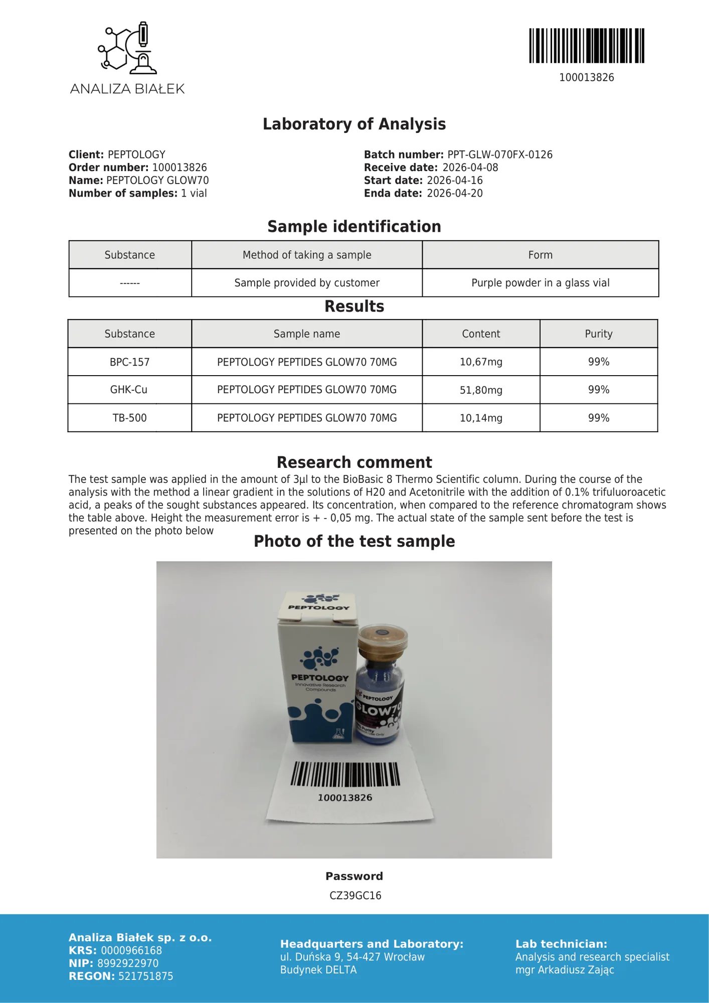 GLOW70 – HPLC purity certificate, batch 0126