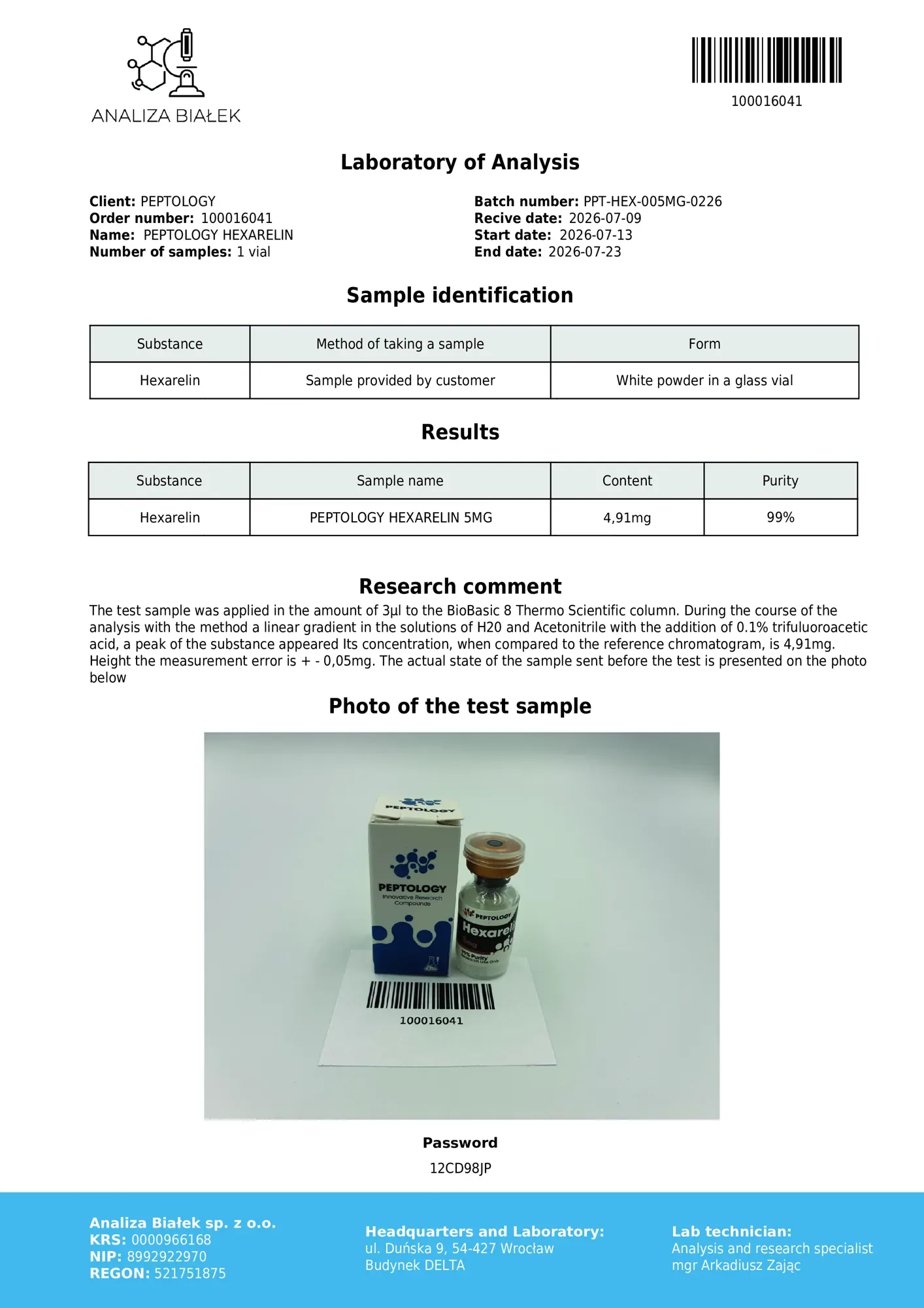 Hexarelin 5 mg – HPLC purity certificate, batch 0226