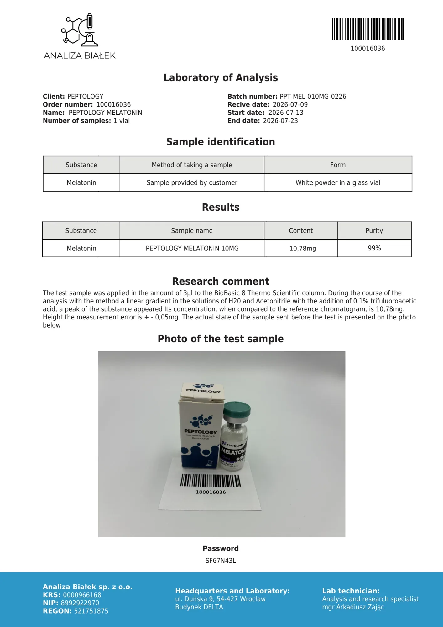 Mélatonine 10 mg – HPLC purity certificate, batch 0226