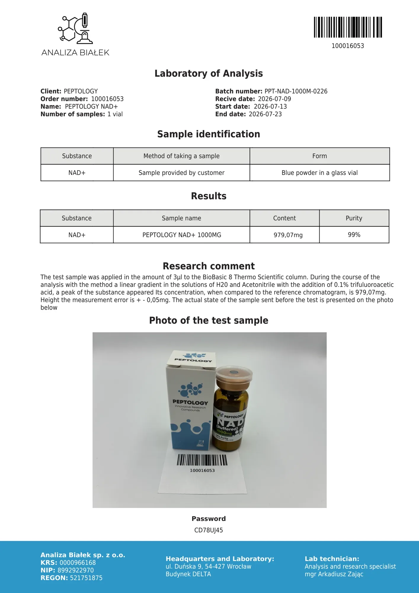 NAD+ 1000 mg – HPLC purity certificate, batch 0226