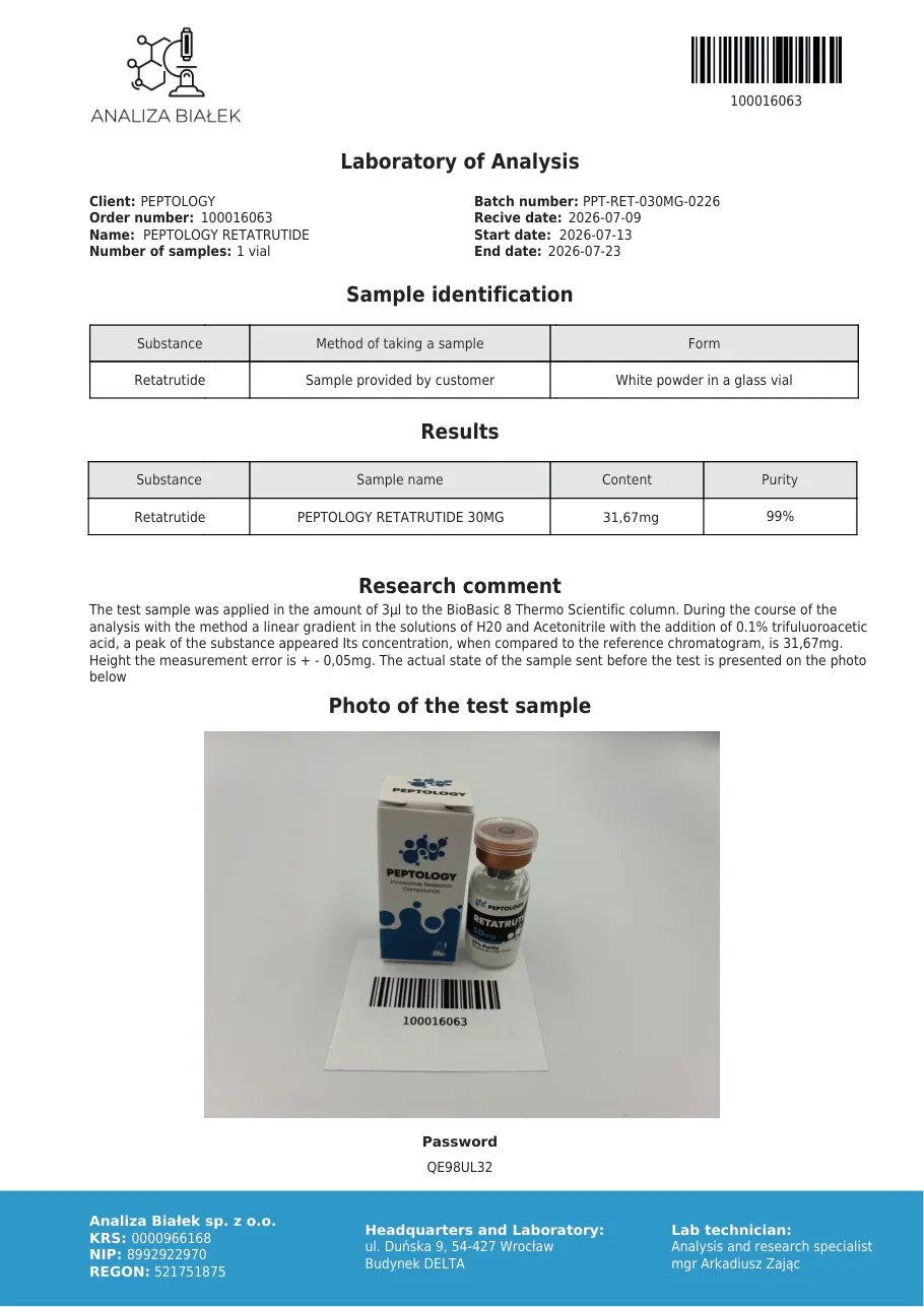 Retatrutide 30 mg – HPLC purity certificate, batch 0226