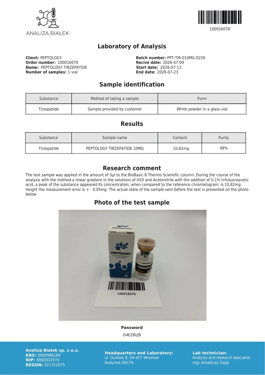 Tirzepatide 10 mg – HPLC purity certificate, batch 0226