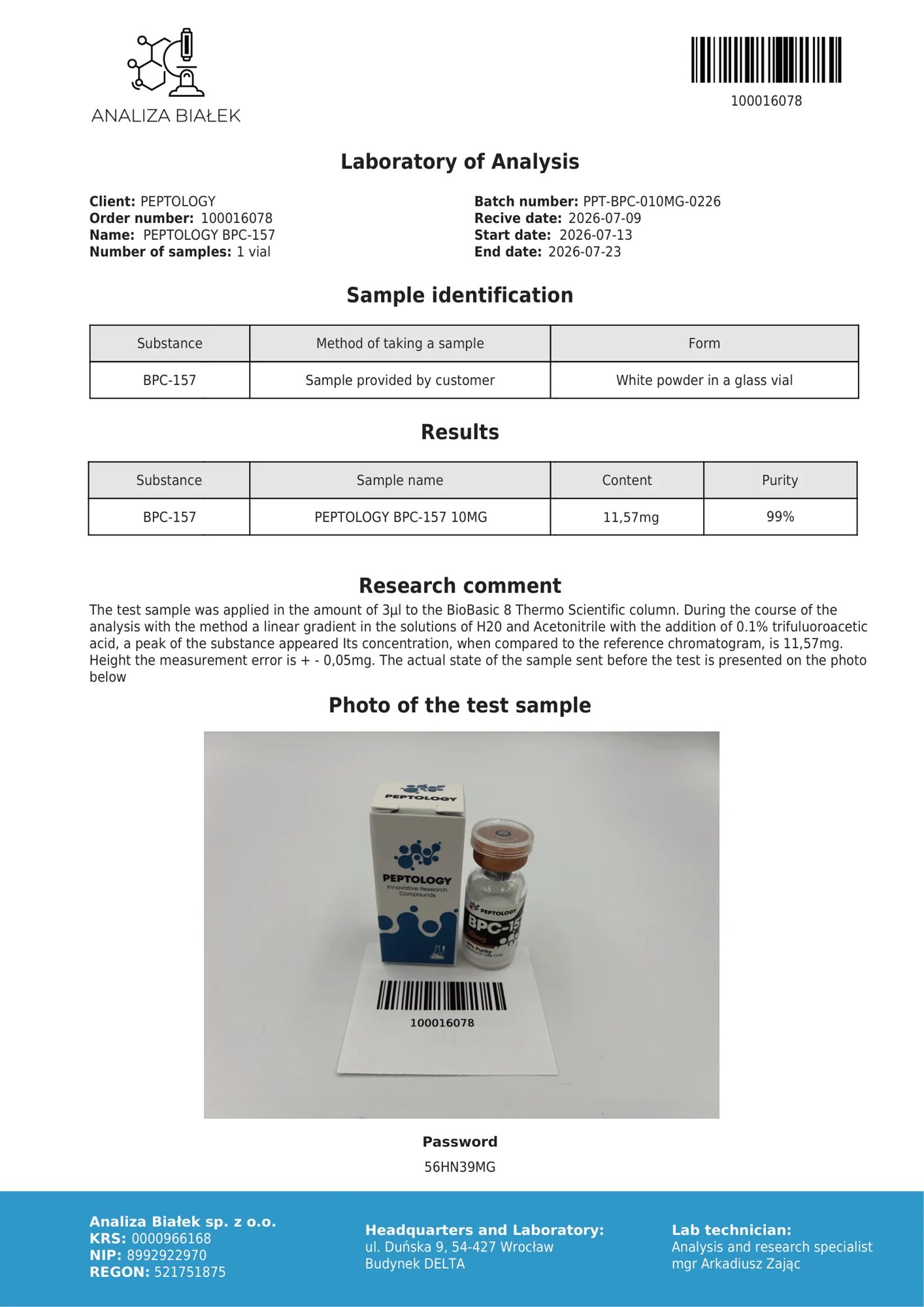 BPC‑157 10 mg – HPLC purity certificate