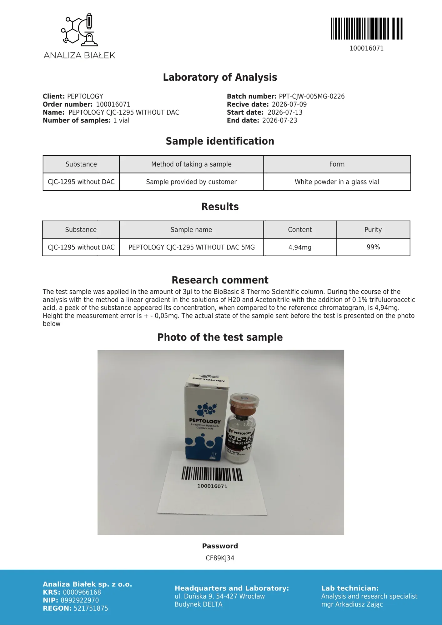 CJC‑1295 sans DAC 5 mg – HPLC purity certificate