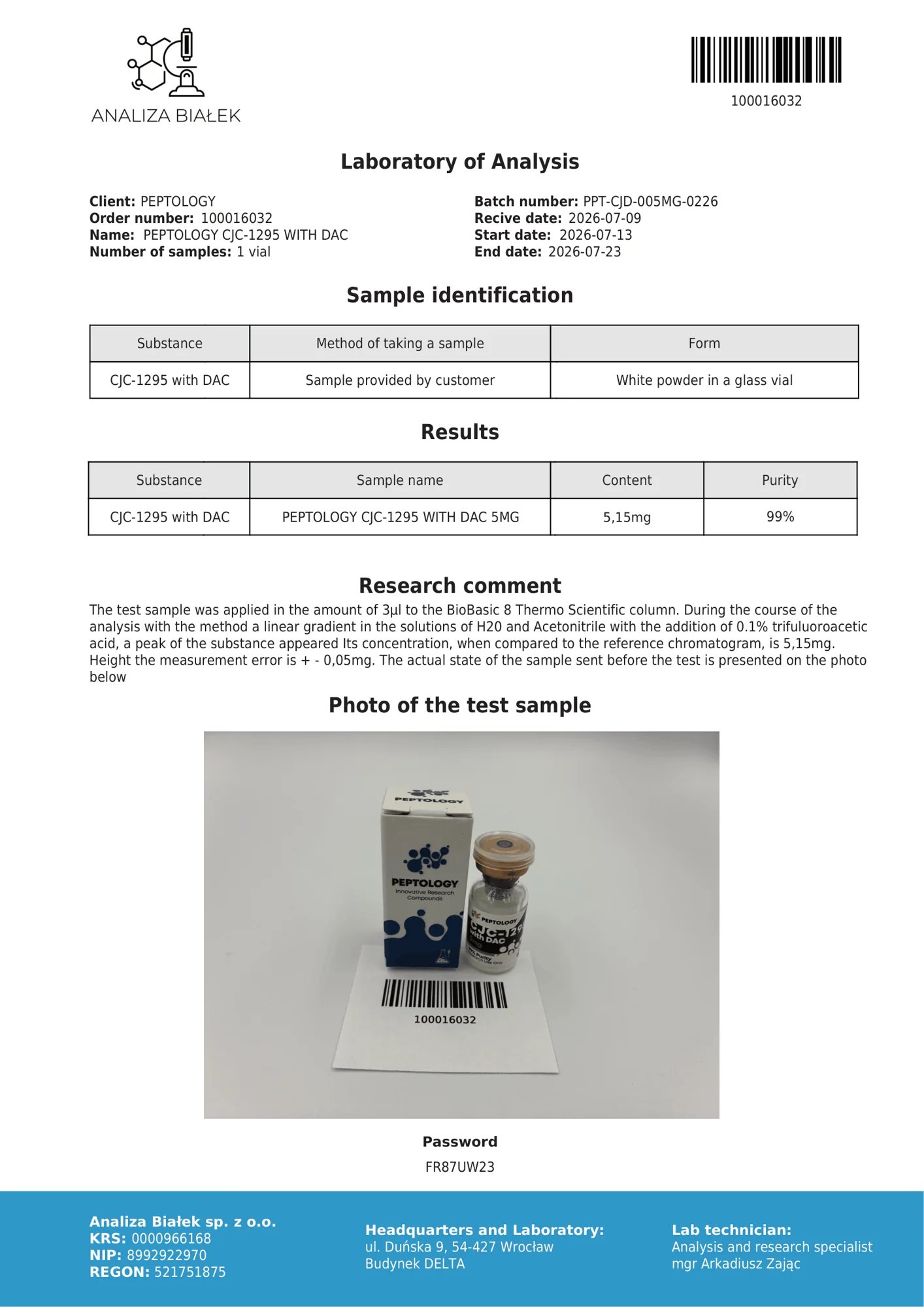 CJC‑1295 avec DAC 5 mg – HPLC purity certificate
