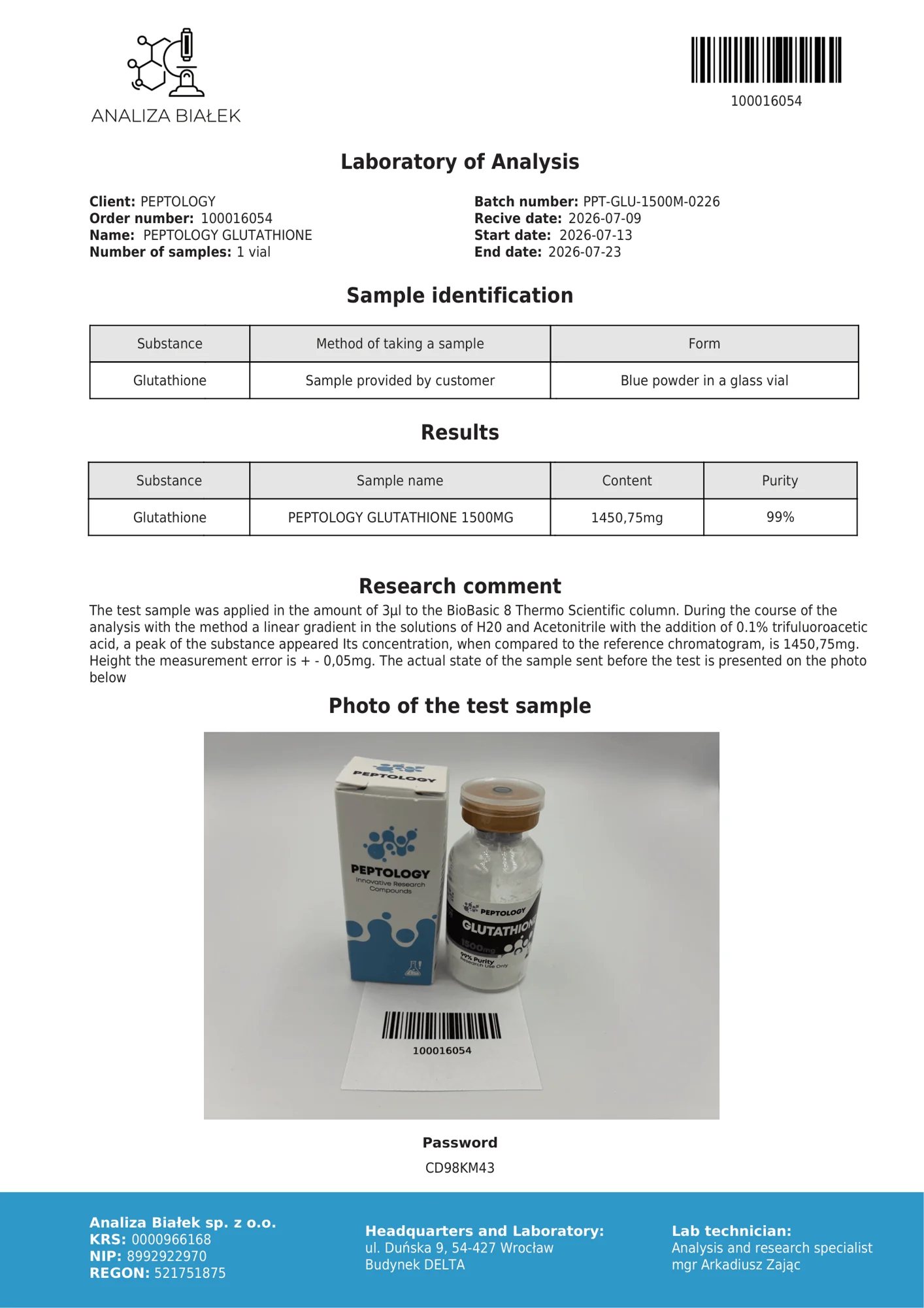 Glutathion 1500 mg – HPLC purity certificate