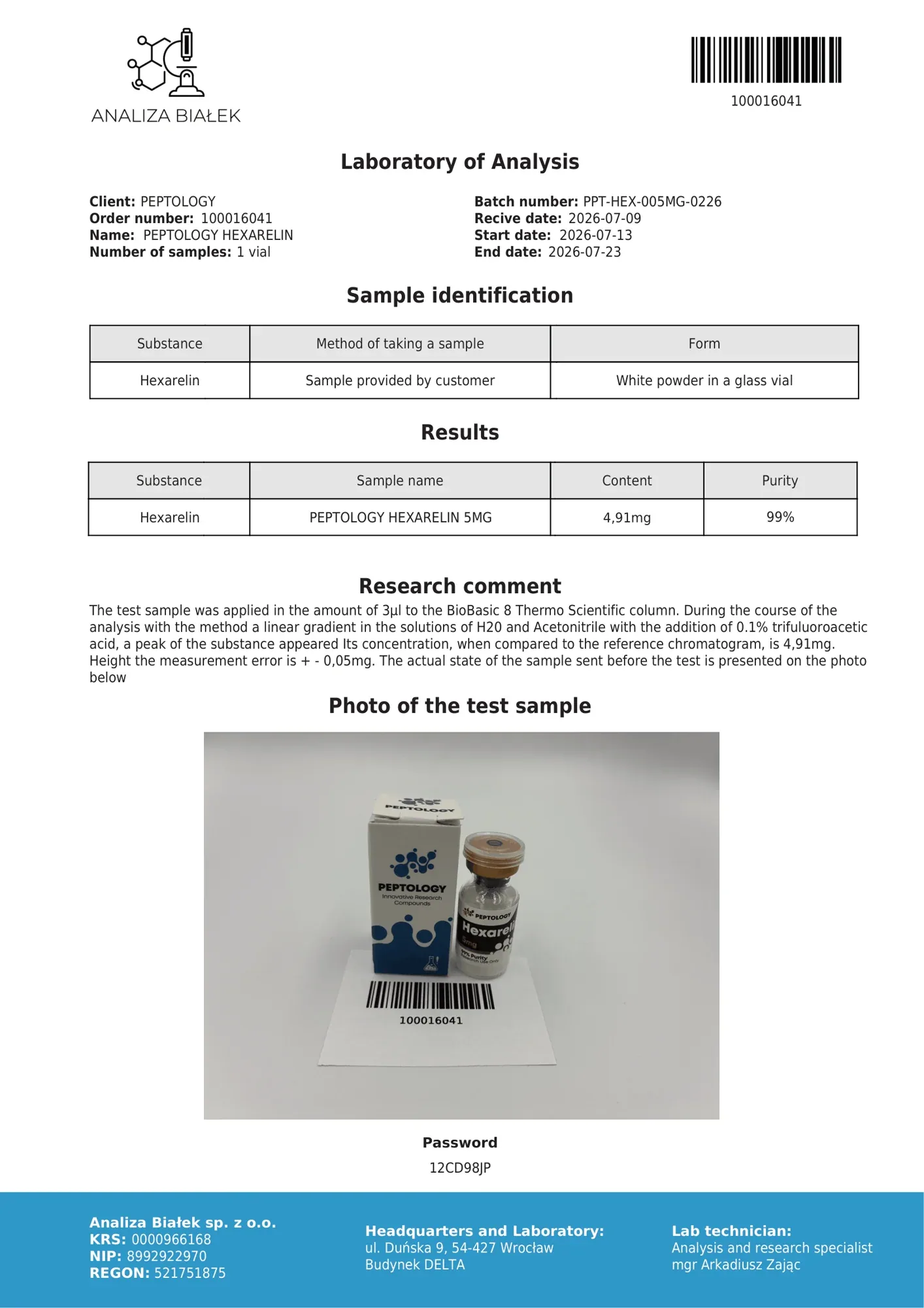 Hexarelin 5 mg – HPLC purity certificate