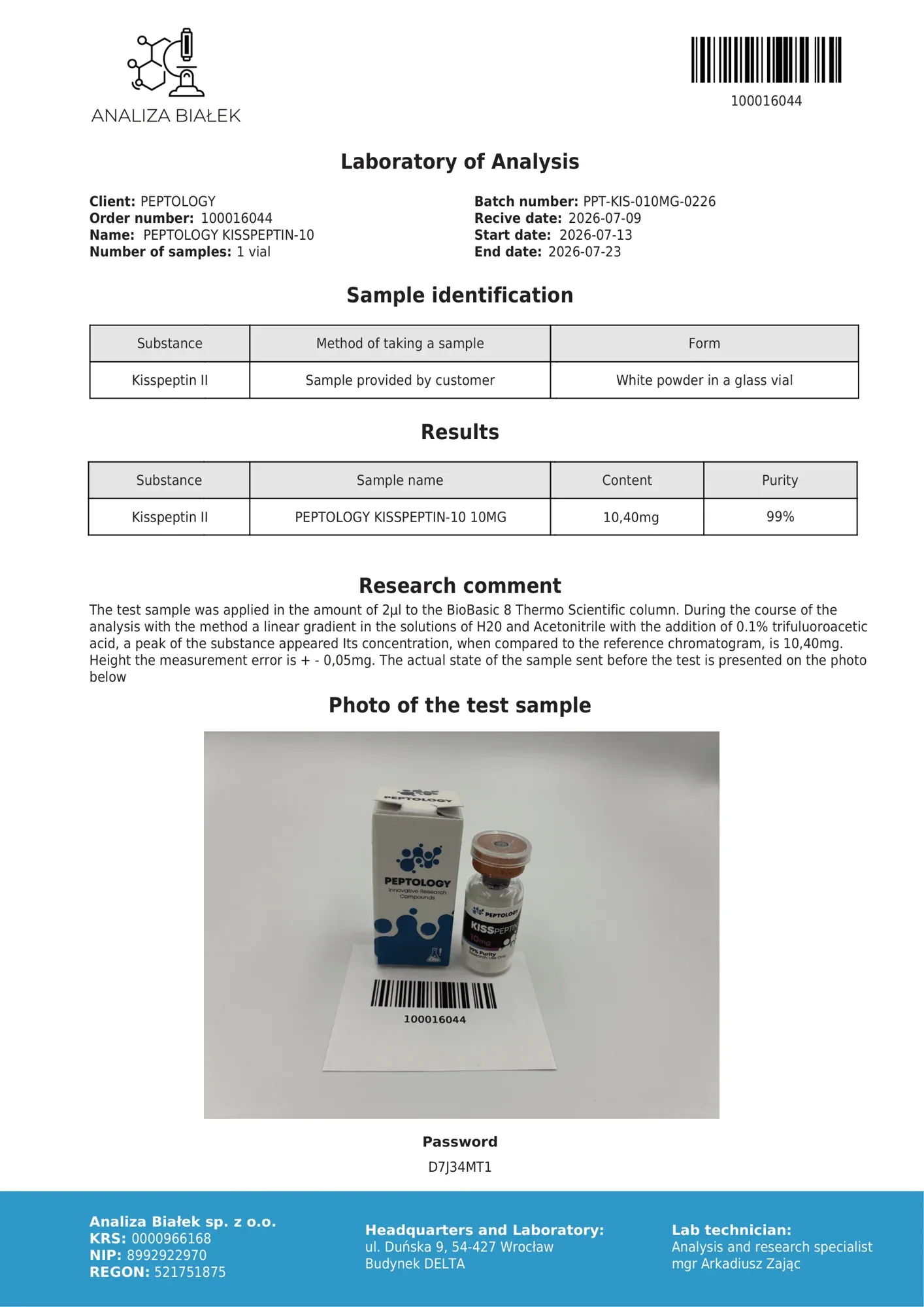 Kisspeptin-10 10 mg – HPLC purity certificate