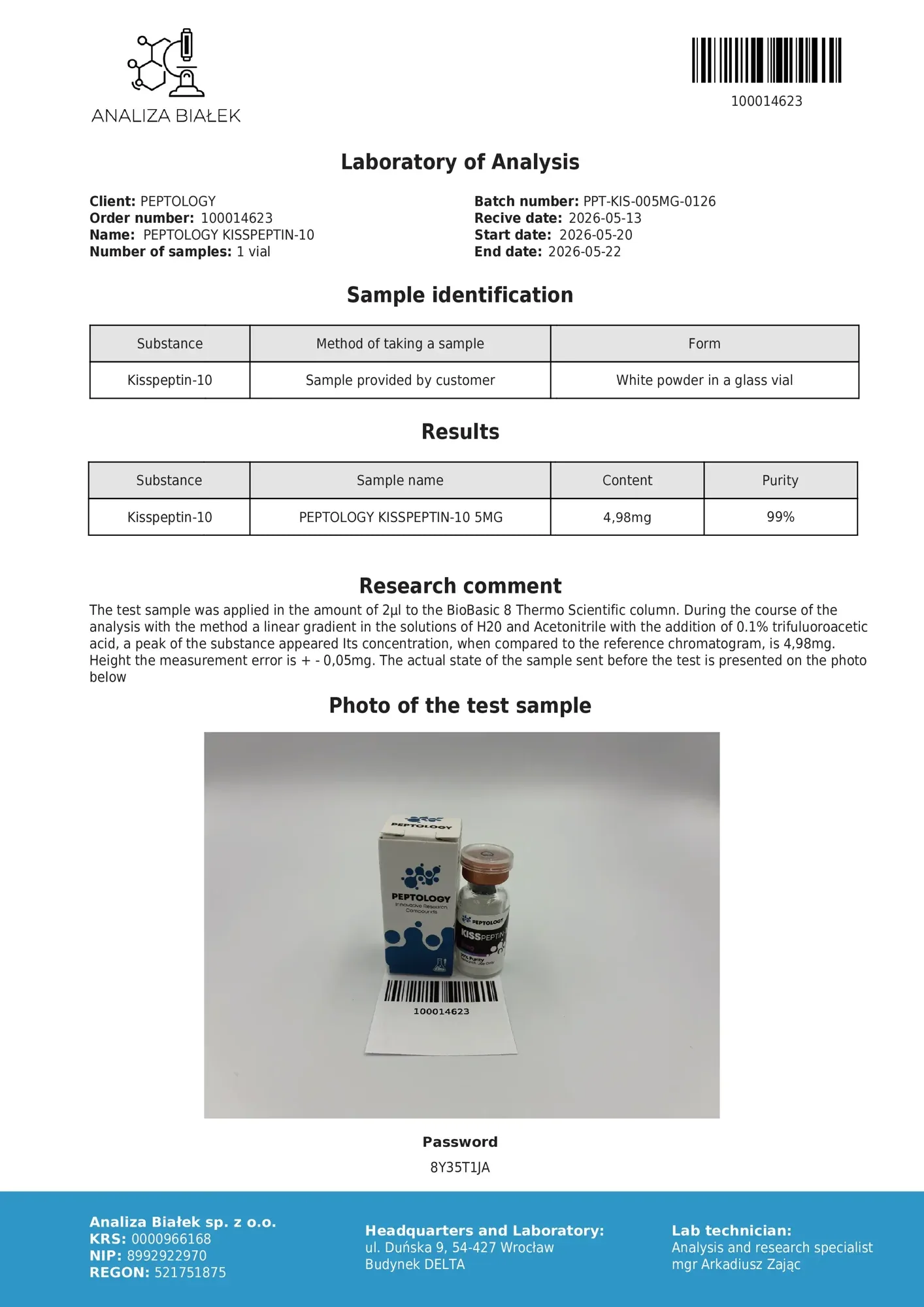 Kisspeptin-10 – HPLC purity certificate, batch 0126
