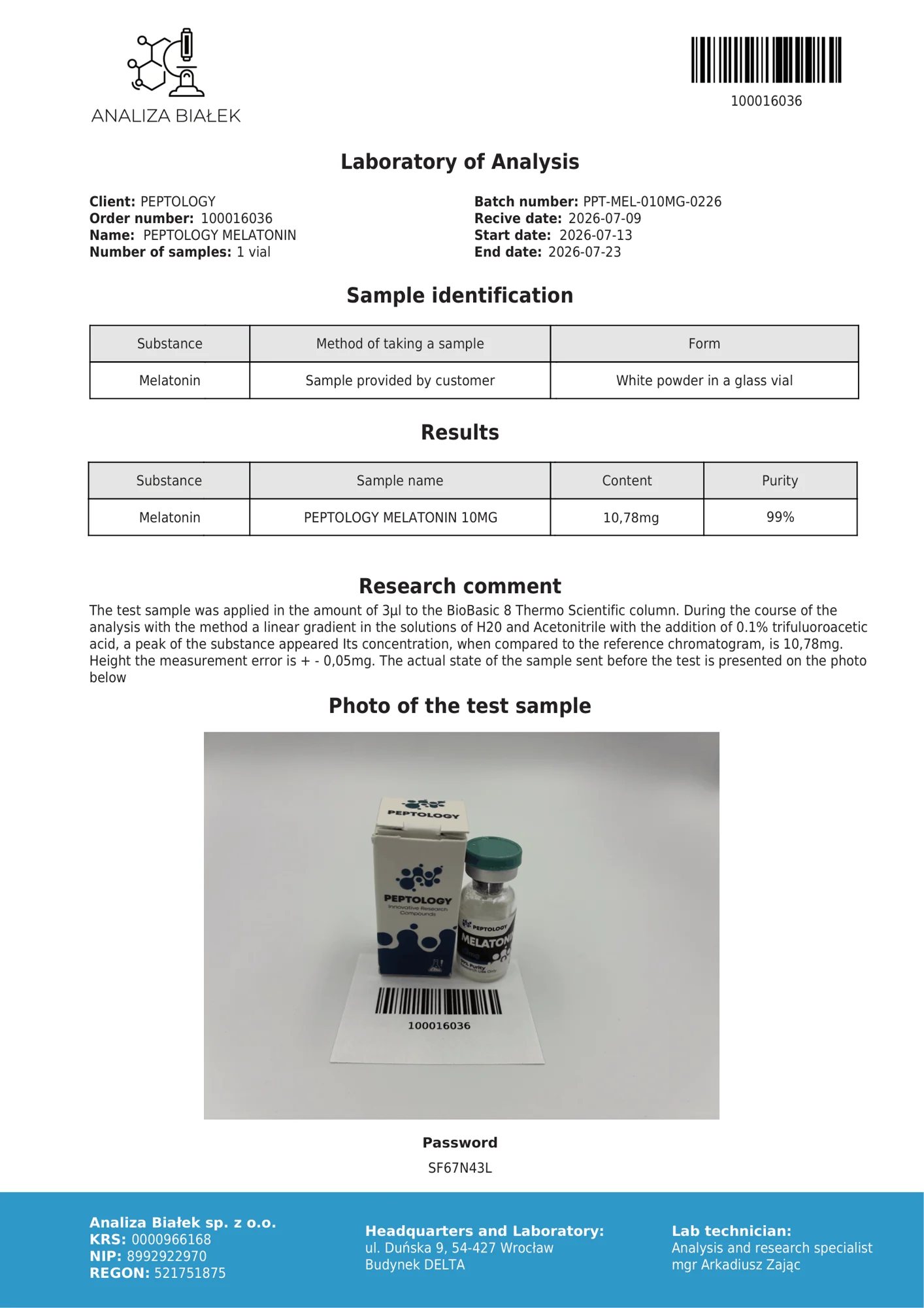 Mélatonine 10 mg – HPLC purity certificate