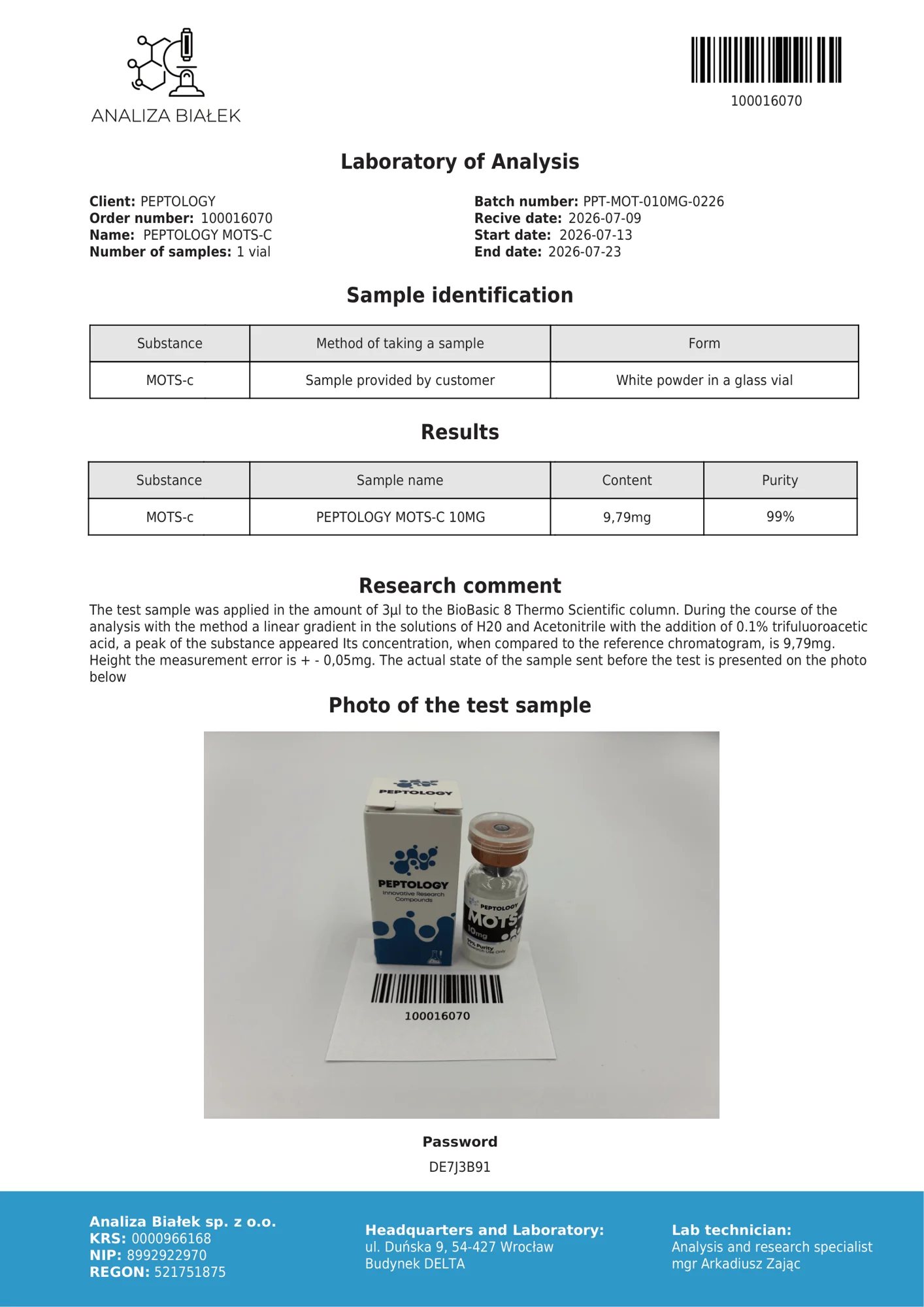MOTS-c 10 mg – HPLC purity certificate