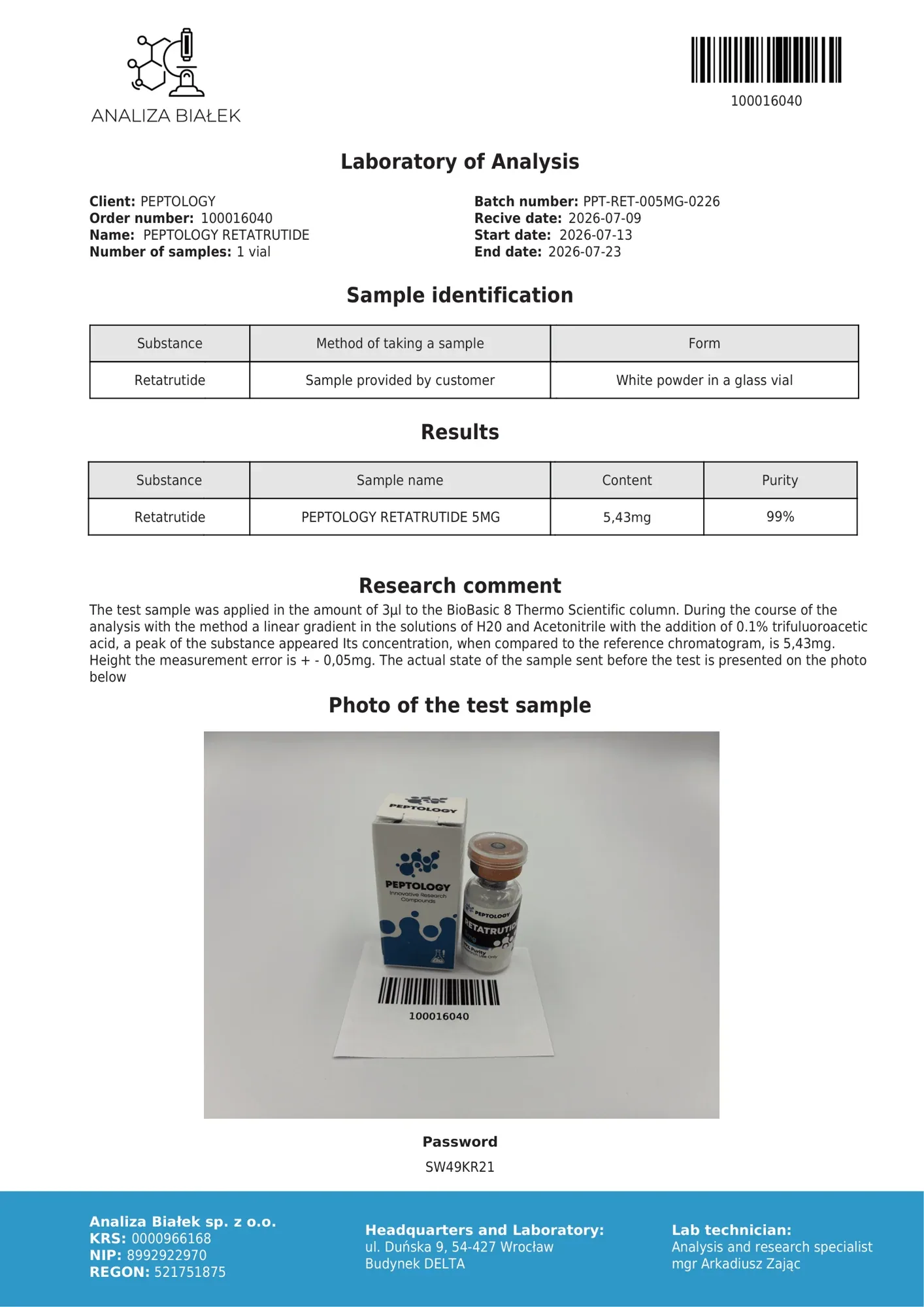 Retatrutide 5 mg – HPLC purity certificate