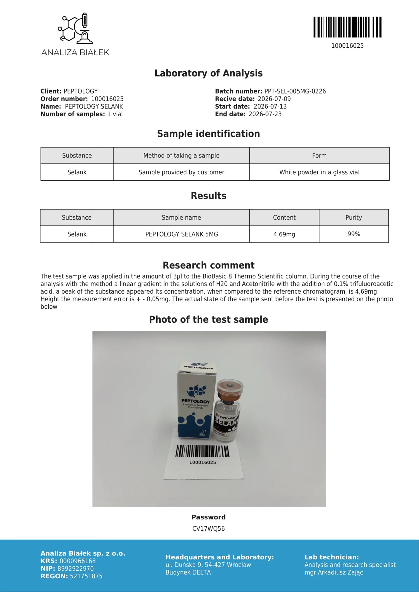 Selank 5 mg – HPLC purity certificate