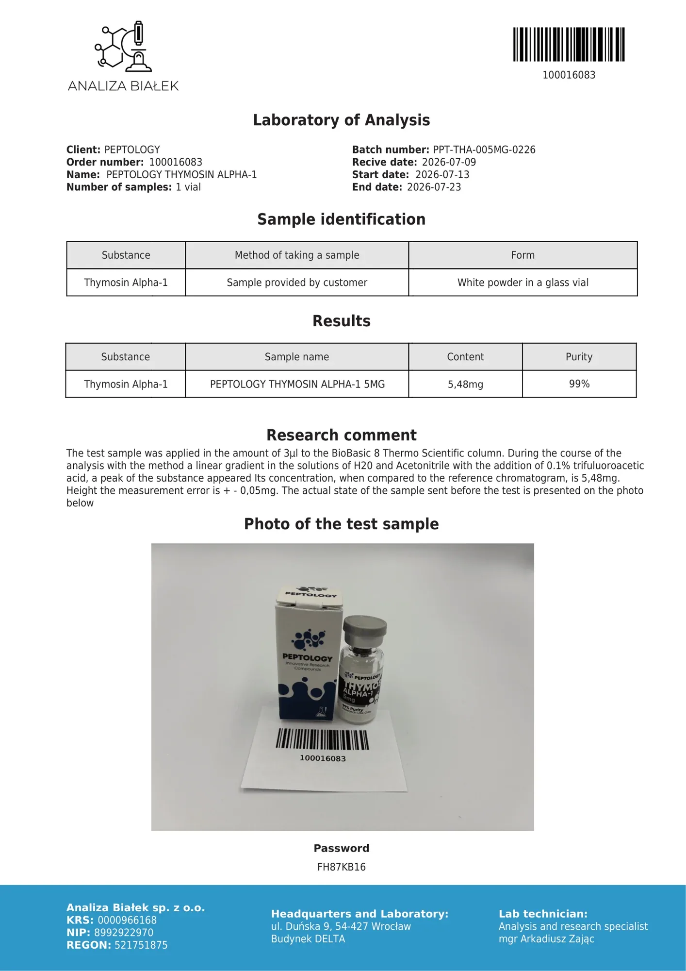Thymosin Alpha-1 5 mg – HPLC purity certificate