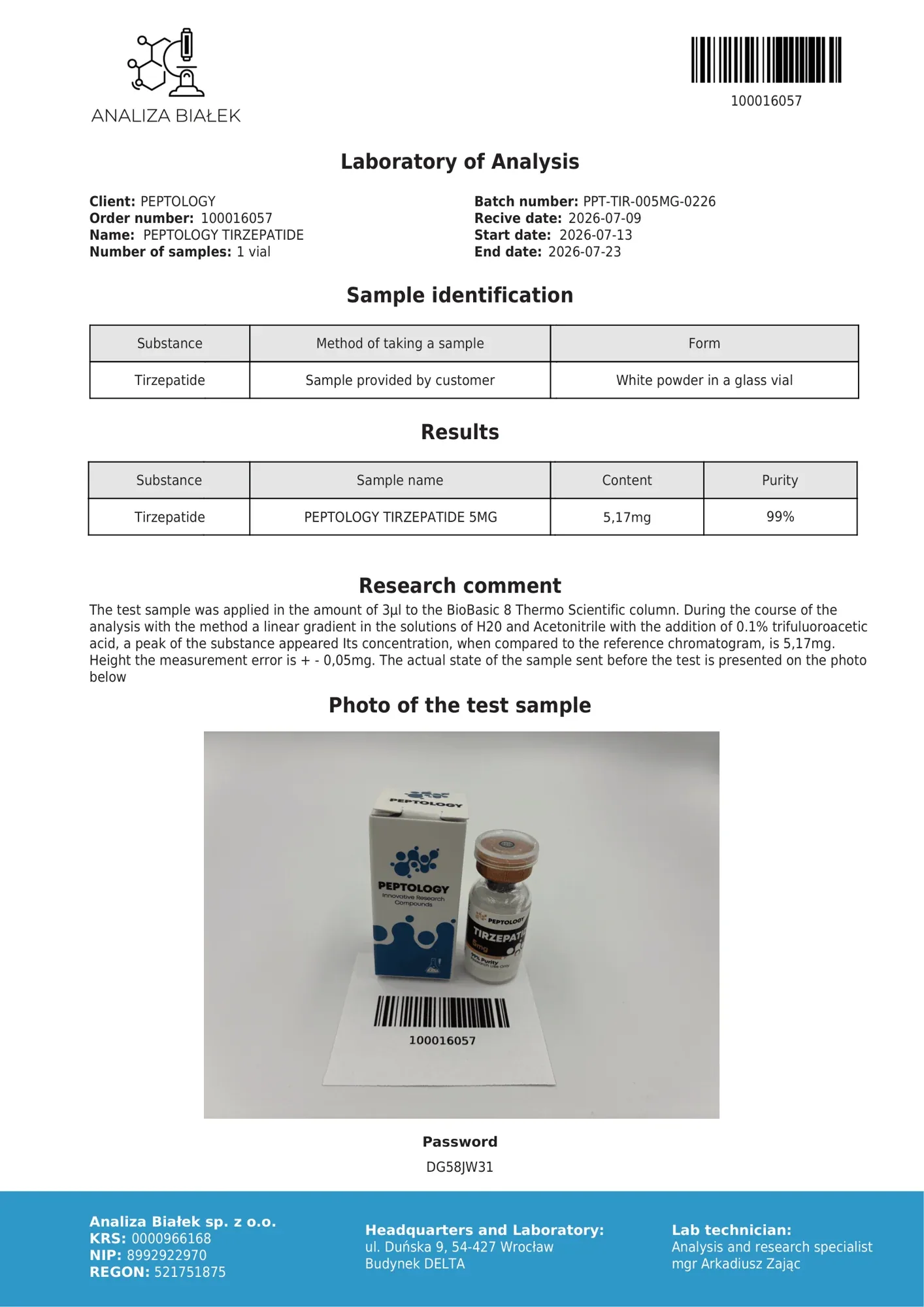 Tirzepatide 5 mg – HPLC purity certificate