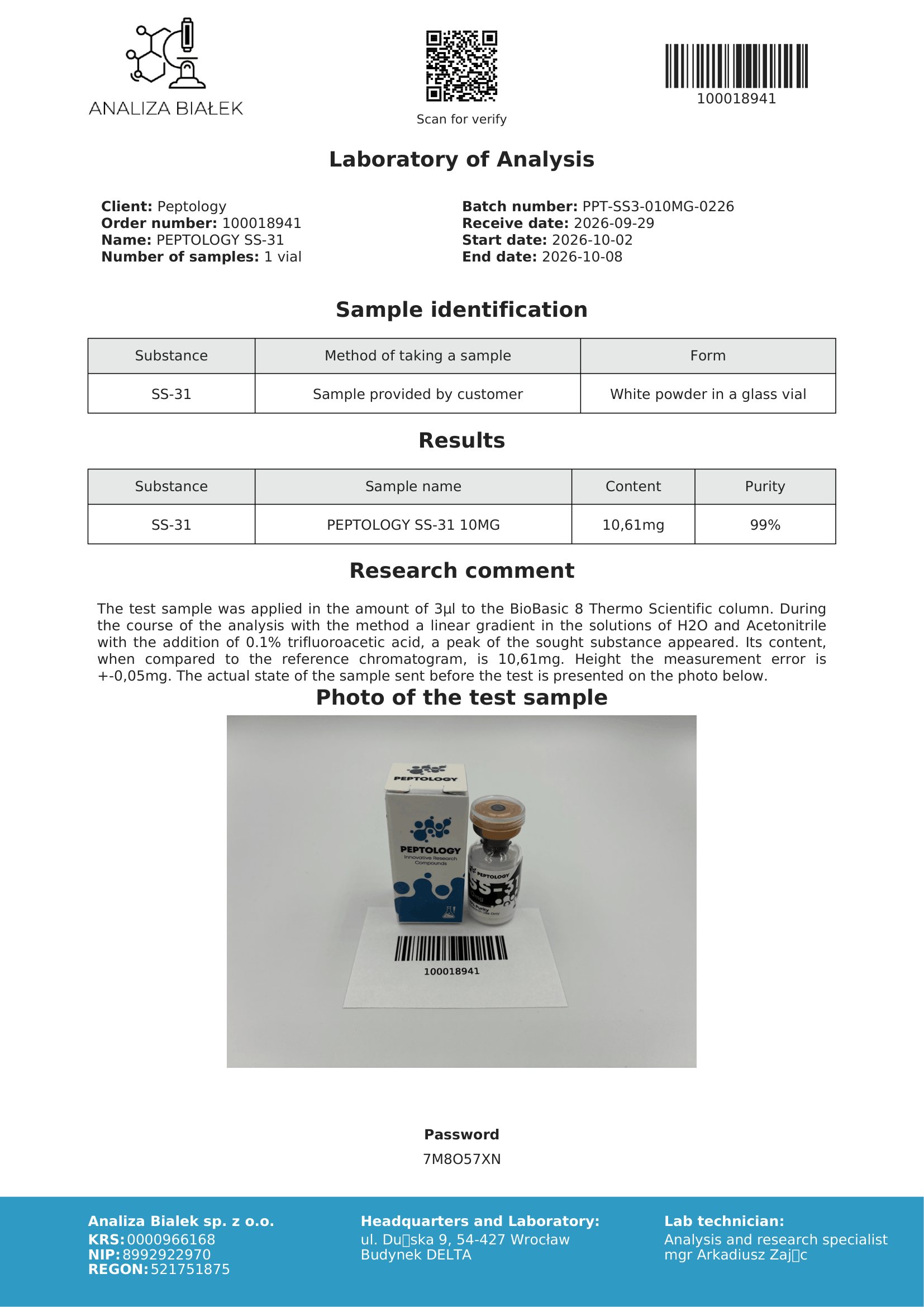 SS‑31 10 mg – HPLC purity certificate, batch 0226