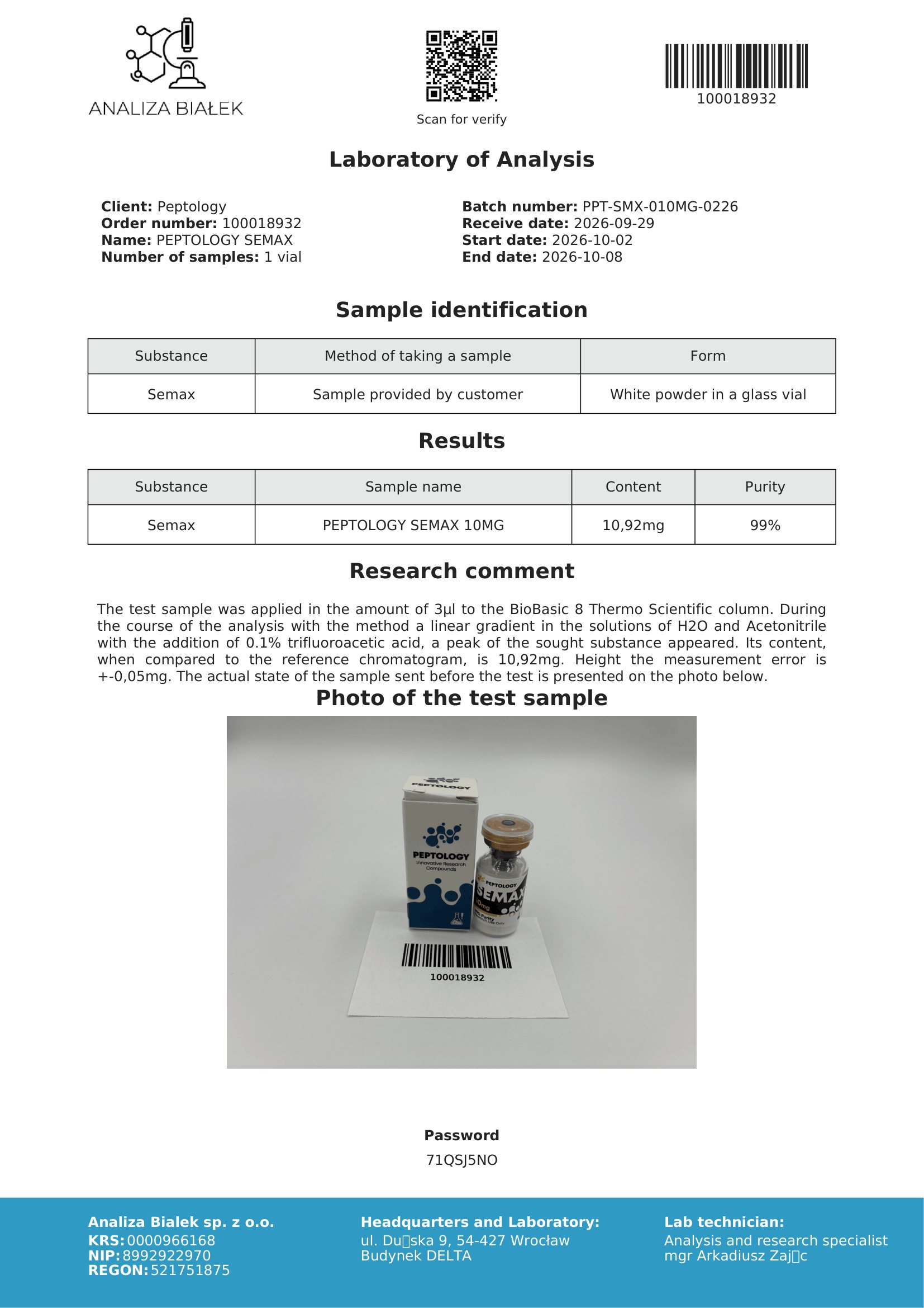 Semax 10 mg – HPLC purity certificate, batch 0226