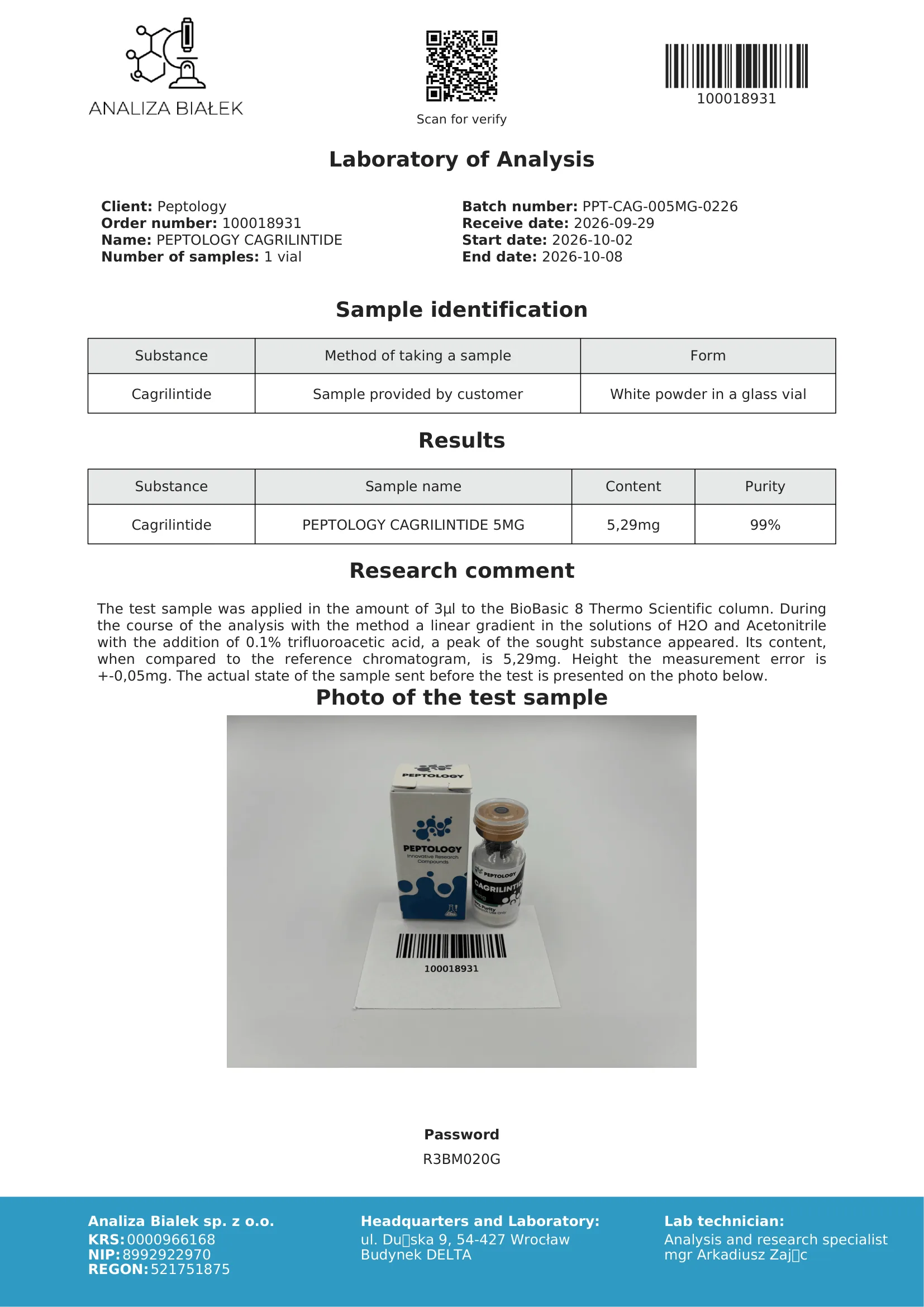 Cagrilintide 5 mg – HPLC purity certificate, batch 0226