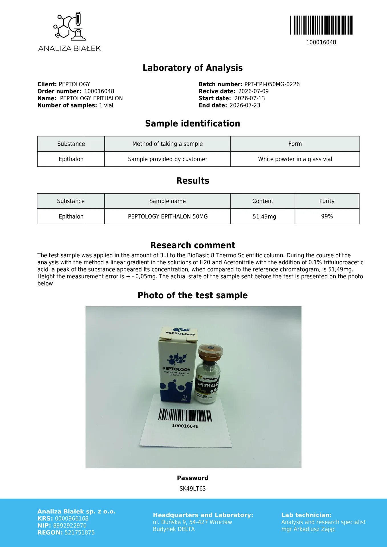Epithalon 50 mg – tétrapeptide synthétique (AEDG) pour la recherche – image 2